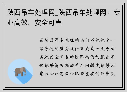陕西吊车处理网_陕西吊车处理网：专业高效，安全可靠